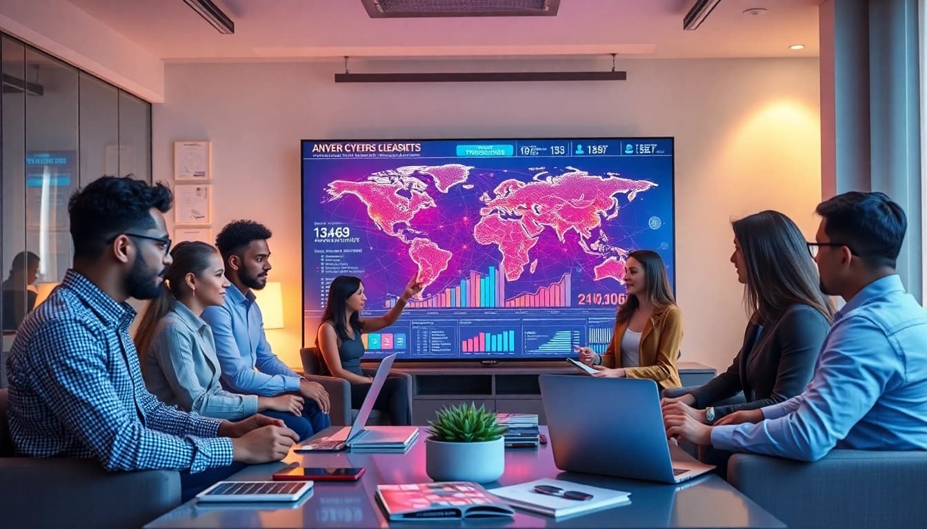 快连官网 showcasing innovative global network solutions in a modern office filled with technology and collaboration.