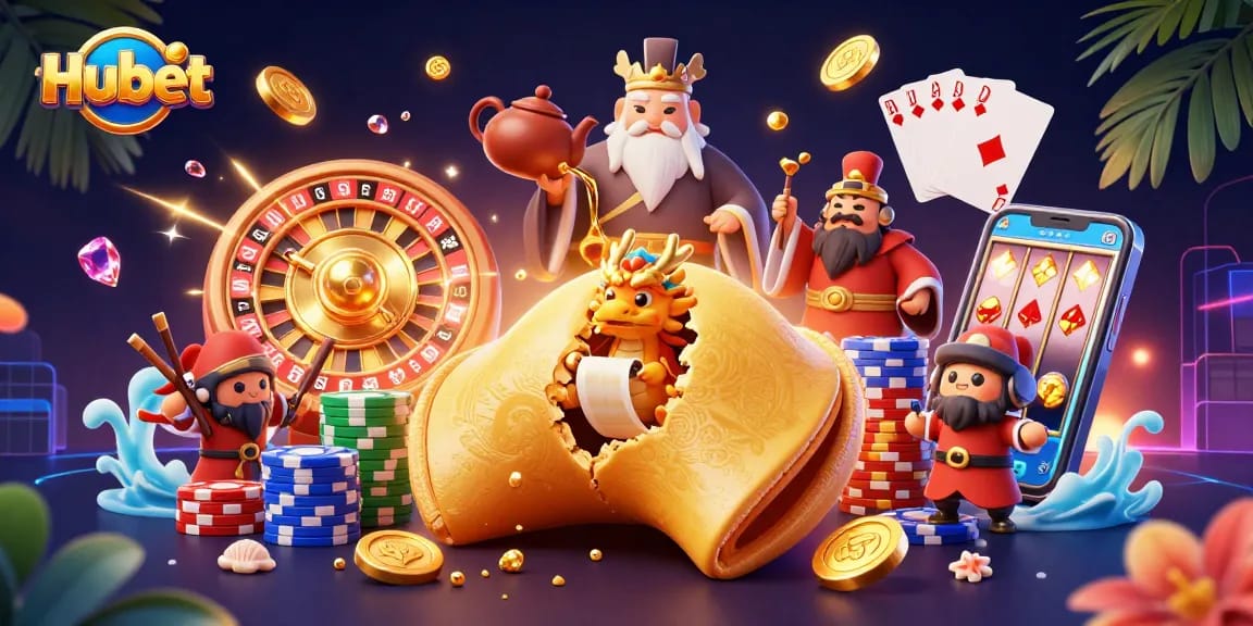 Experience excitement with Hubet’s vibrant online casino themed illustration, showcasing dynamic gaming elements.