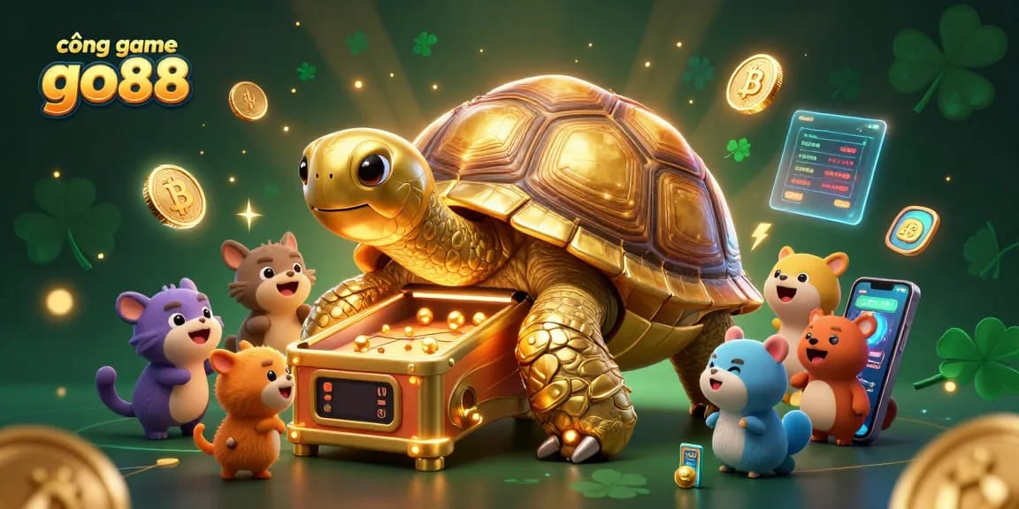 Experience thrilling games at cổng game go88 with a cartoon tortoise showcasing a pinball machine surrounded by dazzling crypto coins.