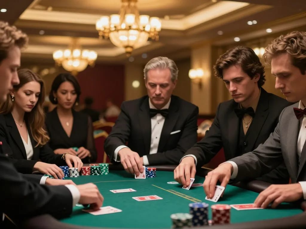 Casino XX88 players engaged in a strategic poker game with intense focus and luxurious ambiance.