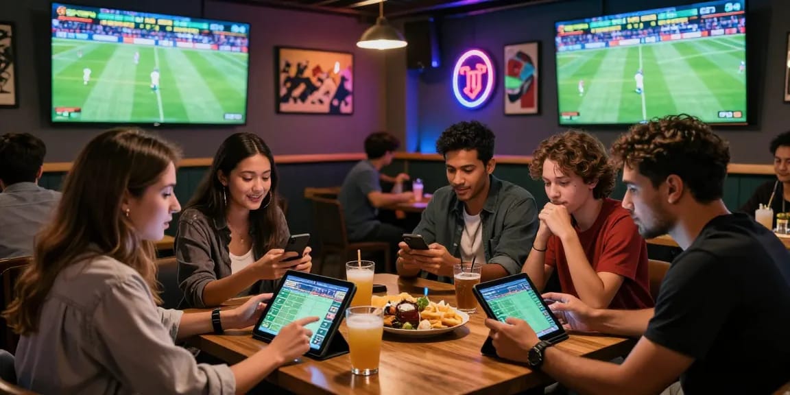 Soi kèo bóng đá scene in a lively sports lounge with friends analyzing odds while watching live football matches.