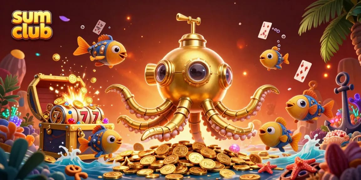 Experience the thrill of the sum club with vibrant slot reels and a golden kraken submarine emerging from treasure!