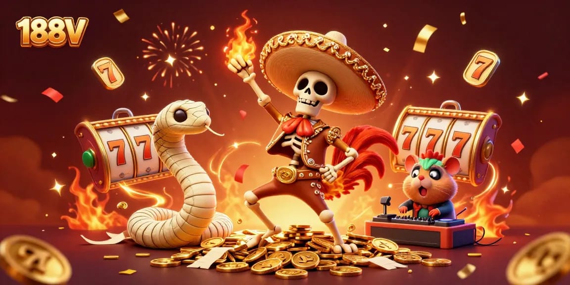 Experience exciting gameplay with 188V as a skeleton mariachi dances on coins among vibrant slot elements.