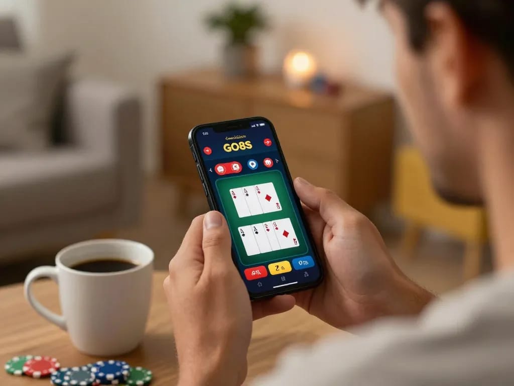 Player using the GO8s app for an engaging poker game at home, surrounded by a cozy environment.