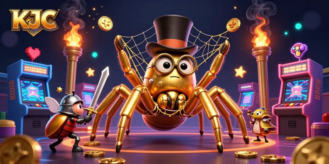 KJC showcases entertaining scenes with a giant golden tarantula and brave beetle knight in a vibrant casino setting.