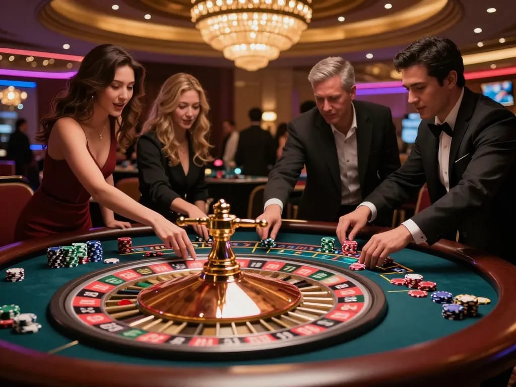 Players enjoying the thrill of s666 at a roulette table, vibrant chips and spinning wheel creating excitement.