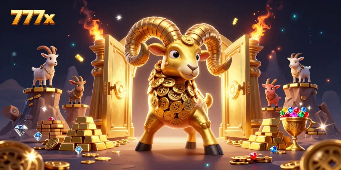 Engage in thrilling wins with 777x at the casino featuring a golden ram, treasure, and vibrant gems.
