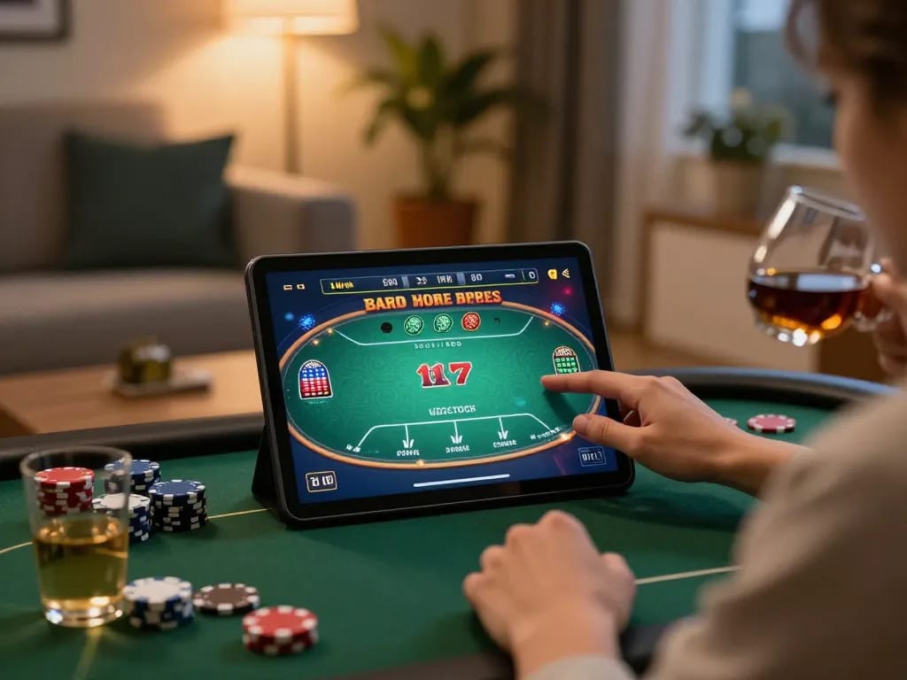 Engaging in poker on 98win vin app in a cozy home setting with tablet and notes