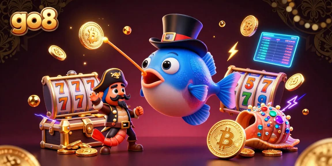 Experience thrilling gaming at go8 with vibrant 3D anglerfish and treasure elements enriching the casino atmosphere.