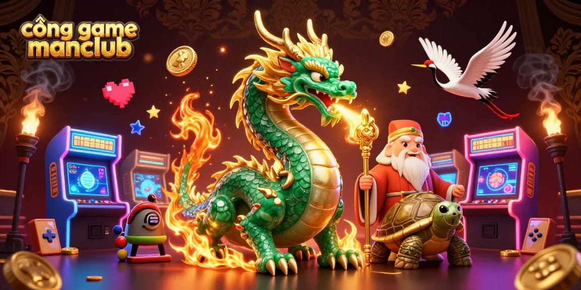 Engage with the vibrant cổng game manclub scene showcasing an emerald dragon and lucky cranes amidst arcade game elements.