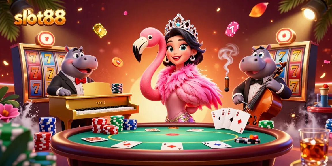 Slot88 menghadirkan suasana kasino yang meriah dengan penyanyi flamingo dan bassist hippo dalam momen jackpot.