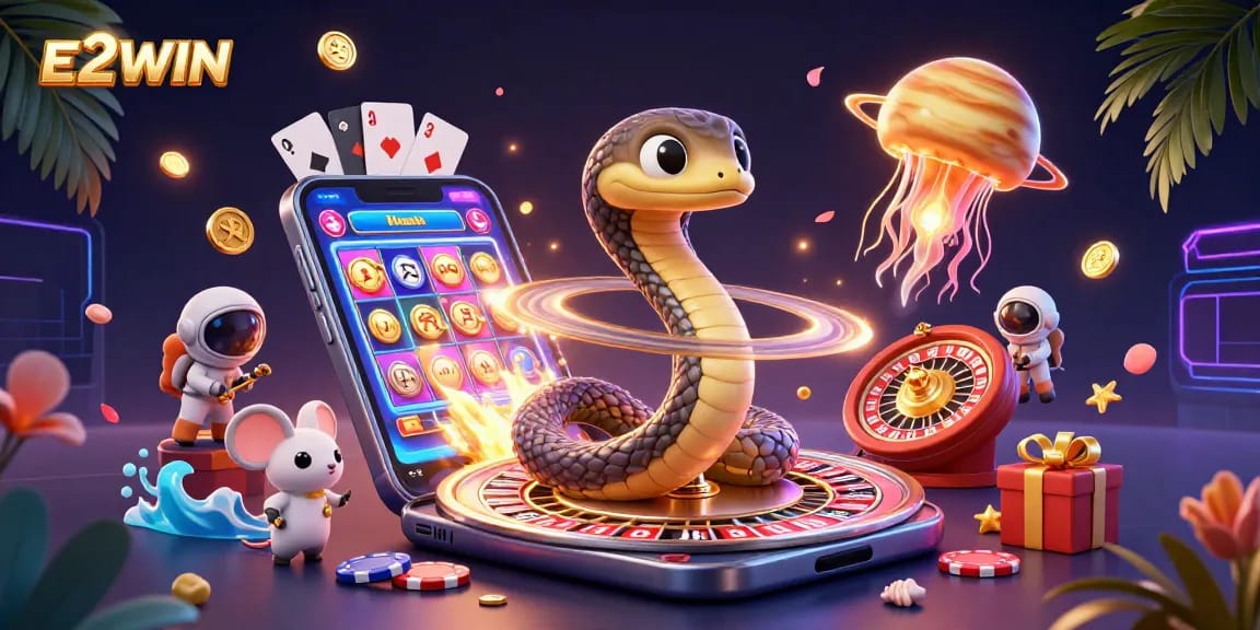 E2WIN showcases vibrant gaming action with bets placed on a roulette wheel formed by Saturn's rings amidst a cosmic scene.