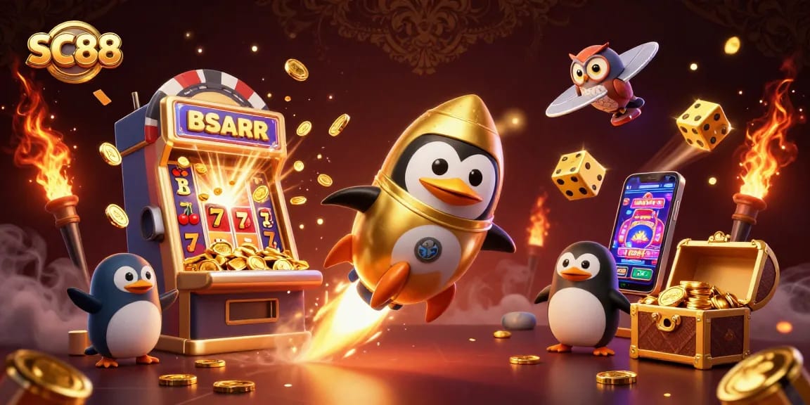 Experience thrilling action at SC88 with a vibrant animated penguin and casino elements in a dazzling illustration.