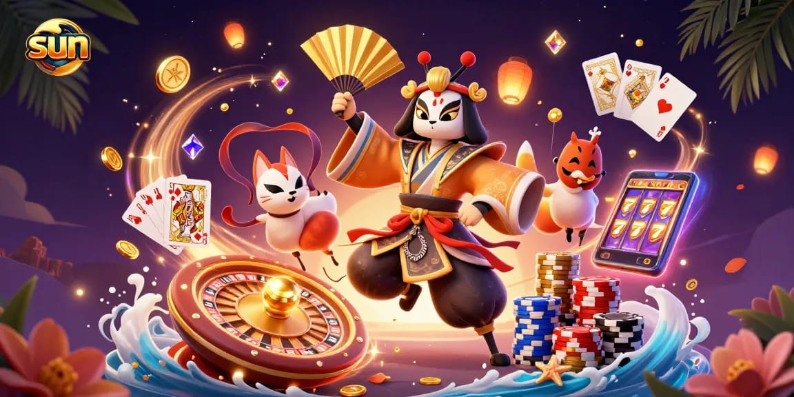 Experience winning moments at Sun with vibrant casino elements and a 3D kabuki warrior.