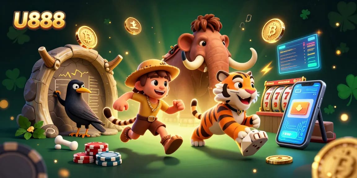 Experience thrilling U888 gameplay with the dynamic prehistoric casino environment featuring vibrant 3D characters.
