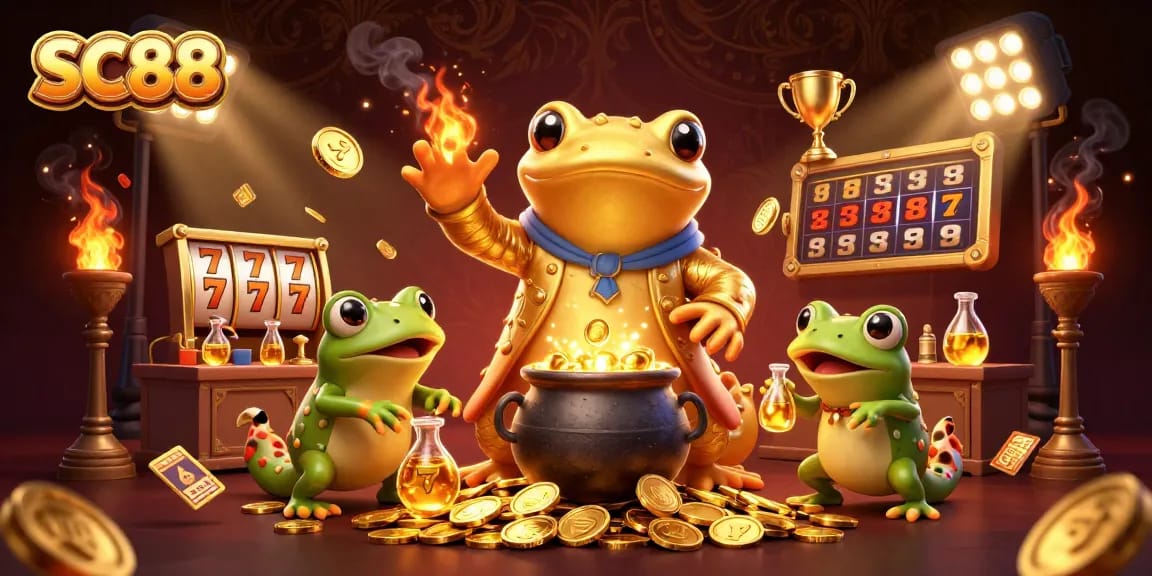 Engaging SC88 scene with a golden salamander alchemist, frog apprentice, and thrilling slot elements