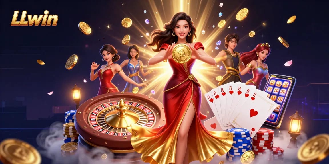 Experience dazzling winnings at LLwin with stunning coins, cards, and casino elements in a vibrant 3D scene.