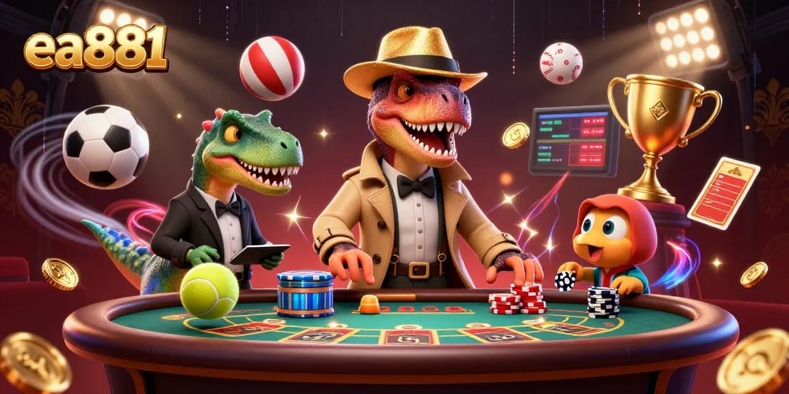 ea881 showcases thrilling blackjack action with a velociraptor card counter in a 3D animated casino.