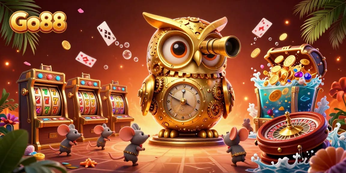 Experience thrilling wins at Go88 with a packed casino scene featuring golden owl, slot games, and spinning roulette.