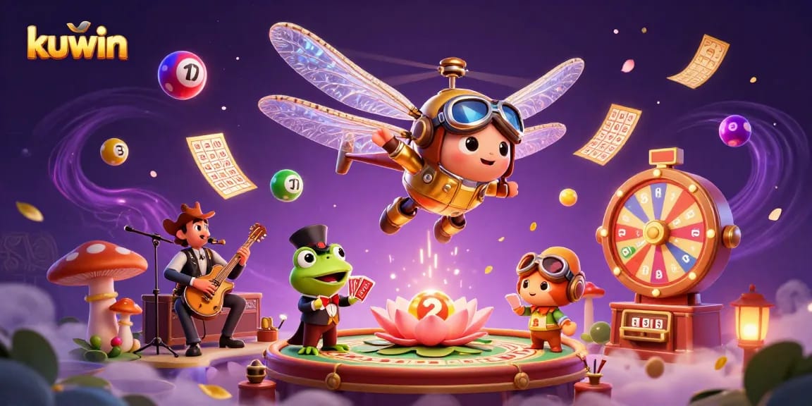 kuwin promotes interactive gaming with a dragonfly pilot at a vibrant casino scene filled with prizes.