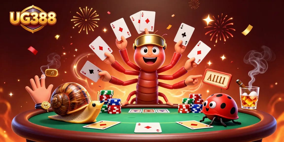 Experience thrilling gaming action at UG388 with a lively 3D casino scene featuring playful characters and diverse game elements.