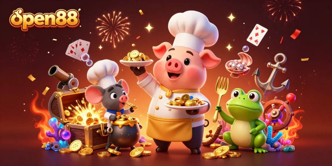 Experience the excitement of open88 with a vibrant, gold-themed casino scene featuring playful characters.