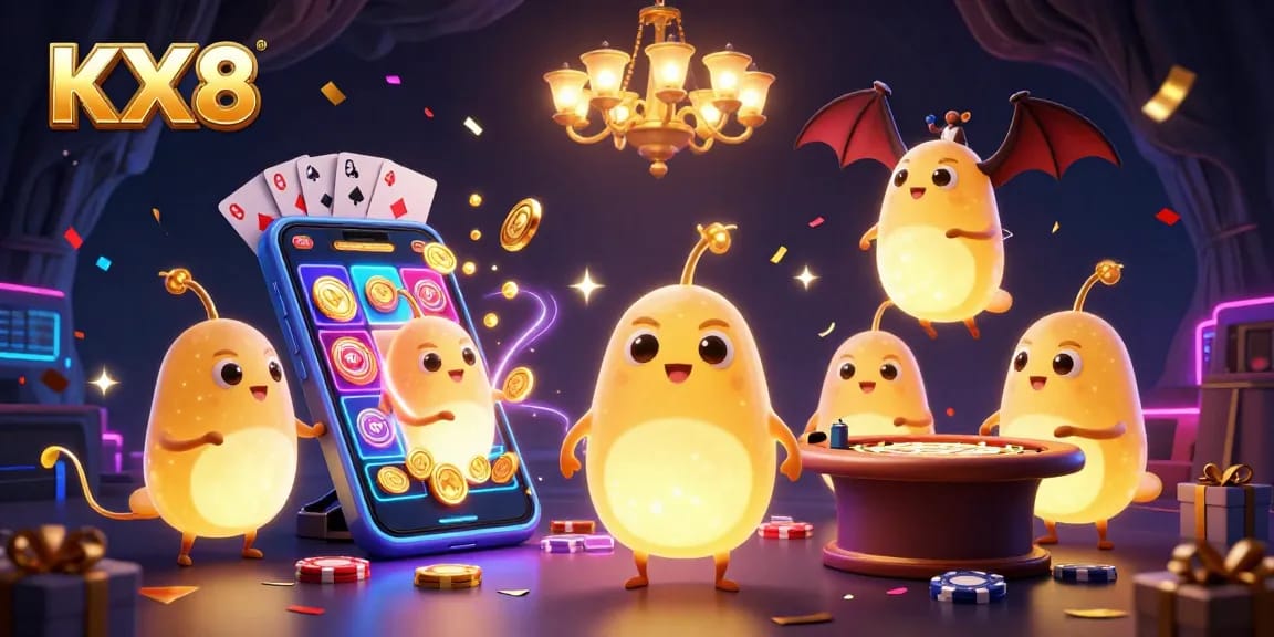 KX8 ignites excitement in a vibrant 3D casino scene as glowworms illuminate the gaming action.