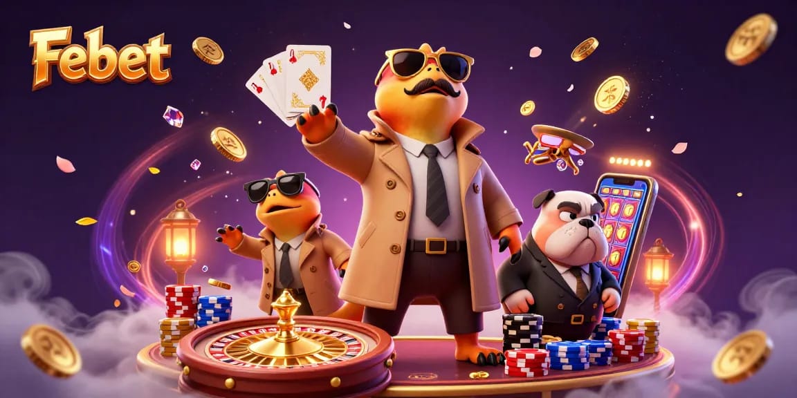 Immerse in the Febet casino experience with raptors' comedic disguises in a vibrant VIP lounge.