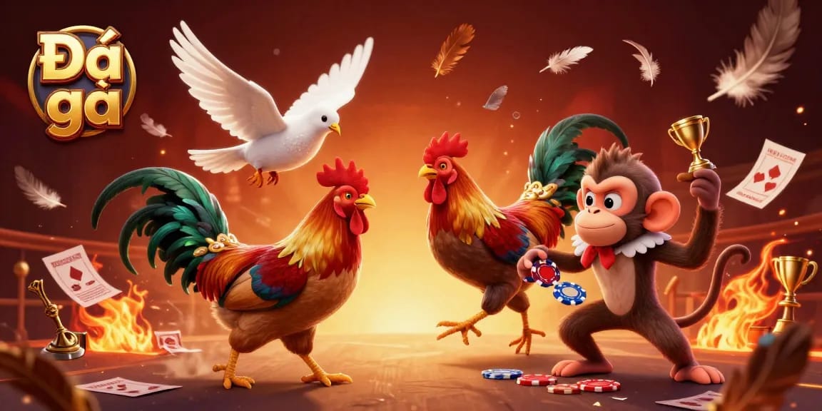 Engage with Đá gà as roosters battle in a vibrant arena surrounded by feathers, flames, and playful action.