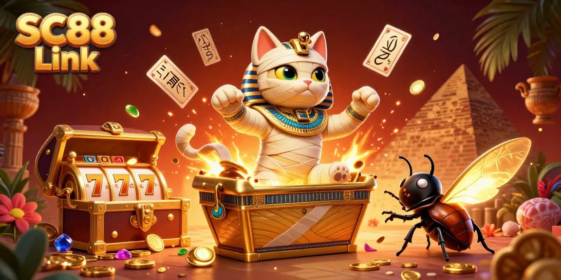 Engage with the SC88 Link in a vibrant casino scene featuring a mummy cat and golden treasures.
