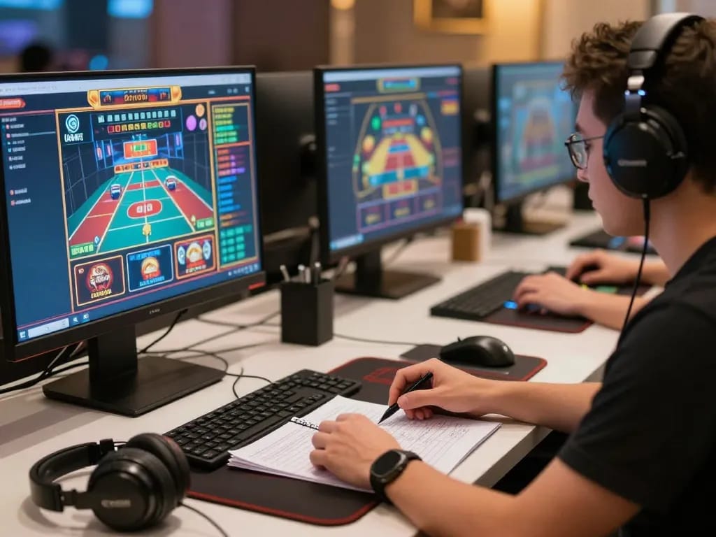 Engaging online gambling scene at https://lc88app.com/ with multiple game screens and strategy notes.