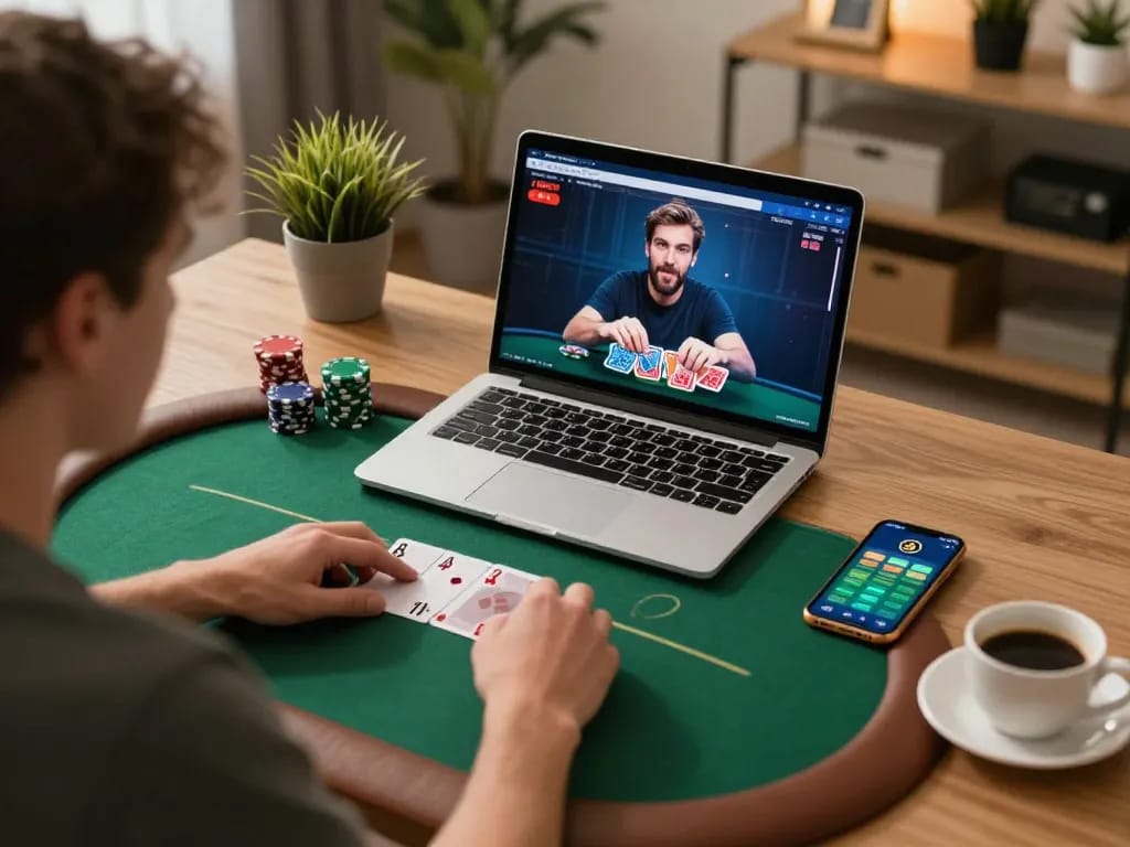 O8 player strategizing a poker game at home, showcasing dynamic online gambling experience
