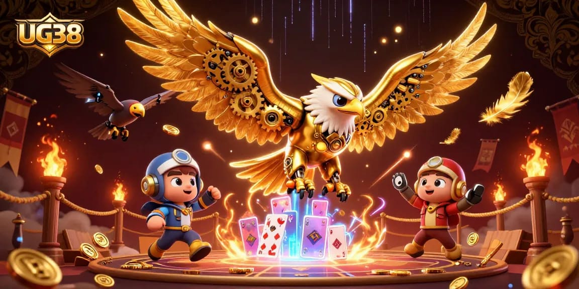 Experience UG38's vibrant golden eagle amidst immersive casino action with holographic elements.