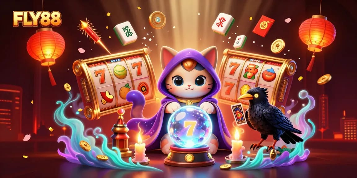 Win big with FLY88 at this vibrant online casino illustrated scene featuring lucky charms and game elements.
