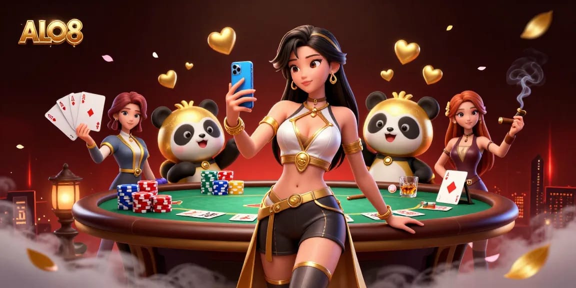 Experience the excitement of ALO8 with a stylish Asian woman and a panda mascot enjoying the thrill of online gambling.