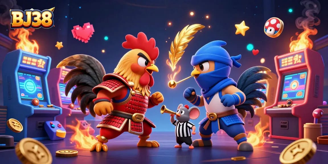 BJ38 showcases cartoon roosters in gaming standoff amidst arcade elements for an exciting online casino experience.