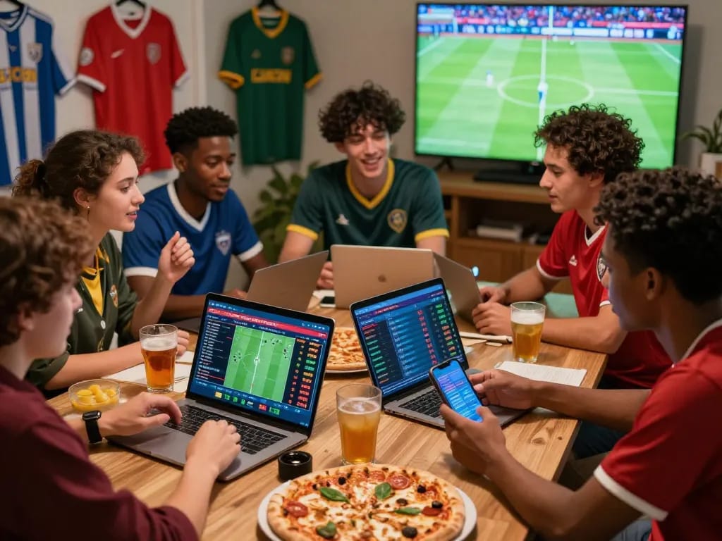 Friends analyzing kèo nhà cái odds during a live football match, showcasing the excitement of sports betting.