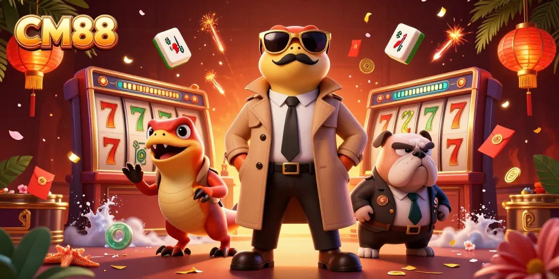 Experience the thrill of CM88 with raptors sneaking into a casino, showcasing exciting slots and vibrant elements.