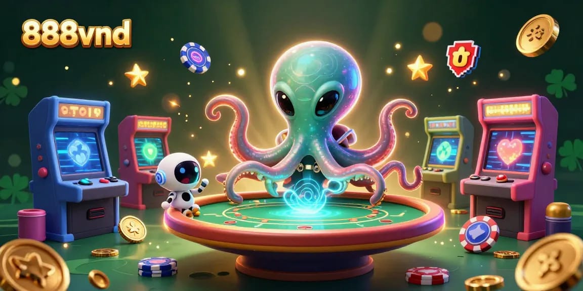 Engage in thrilling gameplay at 888vnd with a galactic alien octopus and robotic companion amid casino excitement.