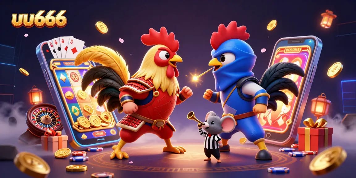 Experience the thrill of uu666 with twin roosters celebrating victory amidst vibrant gaming elements.