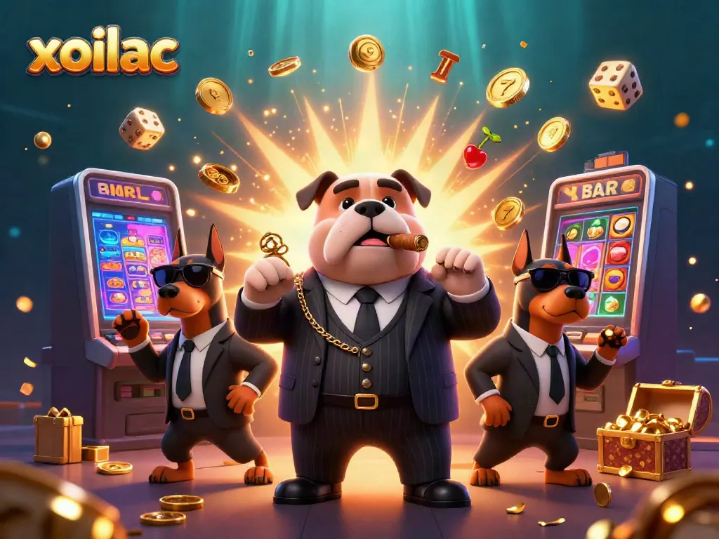 Engage with xoilac's thrilling casino scene featuring a mafia bulldog and Doberman bodyguards.