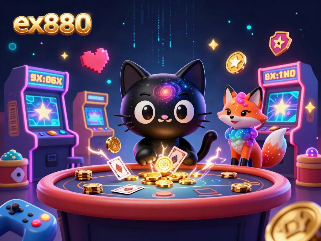 Engage with ex880 at an animated cosmic casino with dynamic characters and colorful gaming elements.