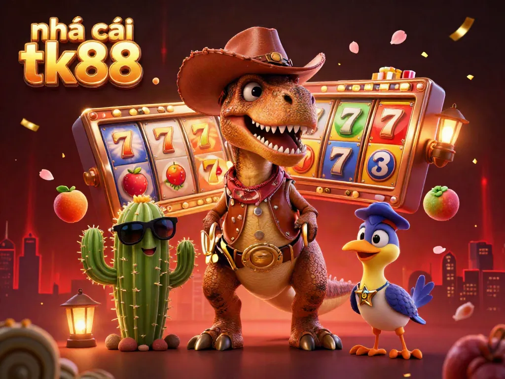 Immerse in the thrill of Nhà cái tk88 with a dynamic 3D illustration featuring a cartoon T-Rex and vibrant gambling elements.