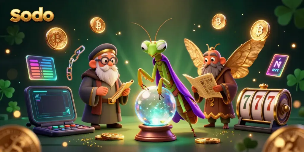 Sodo engages players at a vibrant casino scene with mystical fortune tellers and game elements.