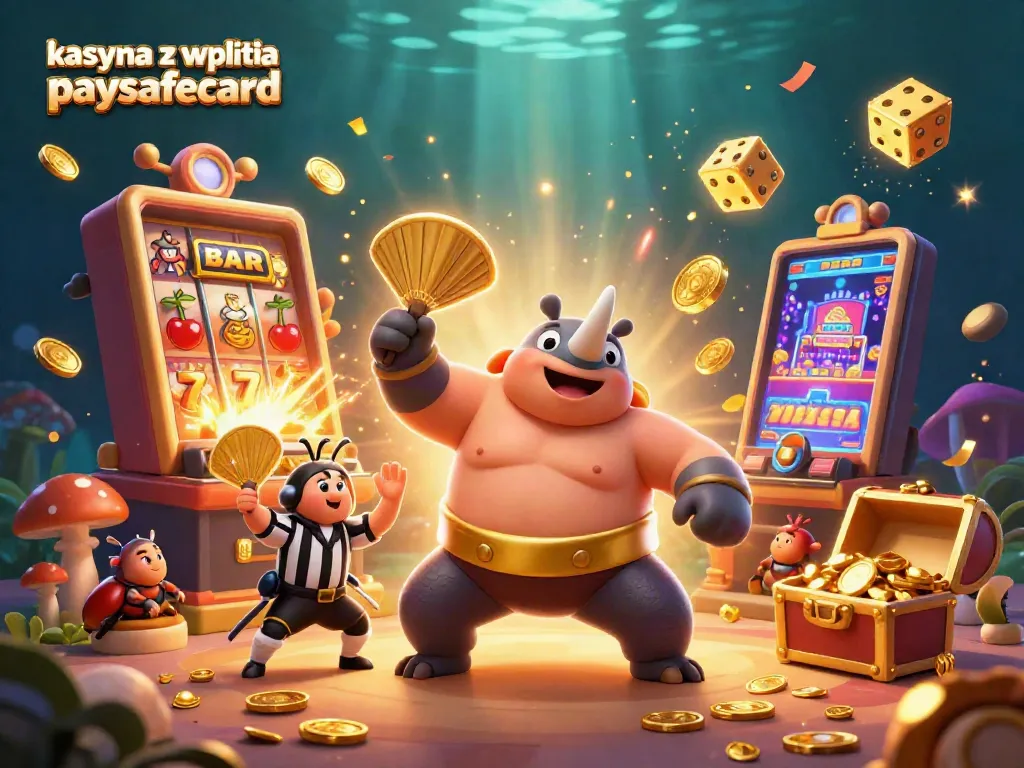 Exciting scene at kasyna z wplata paysafecard with beetle sumo champion amidst jackpots and vibrant games.