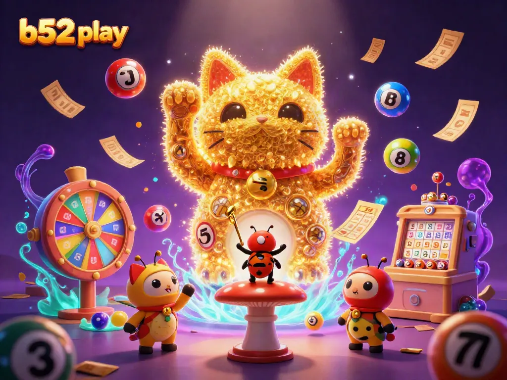 Experience the excitement of b52 play with a vibrant illustration of a lucky cat surrounded by dynamic casino symbols.