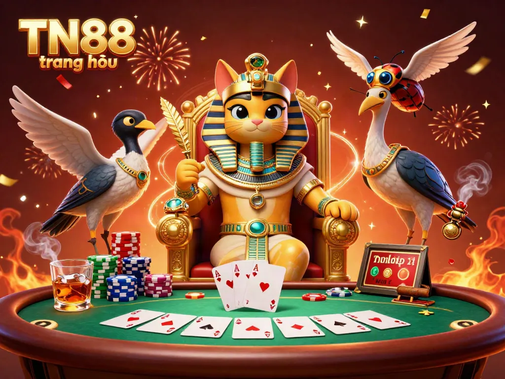 Experience the excitement of TN88 trang chủ with a 3D pharaoh cat and vibrant casino elements.