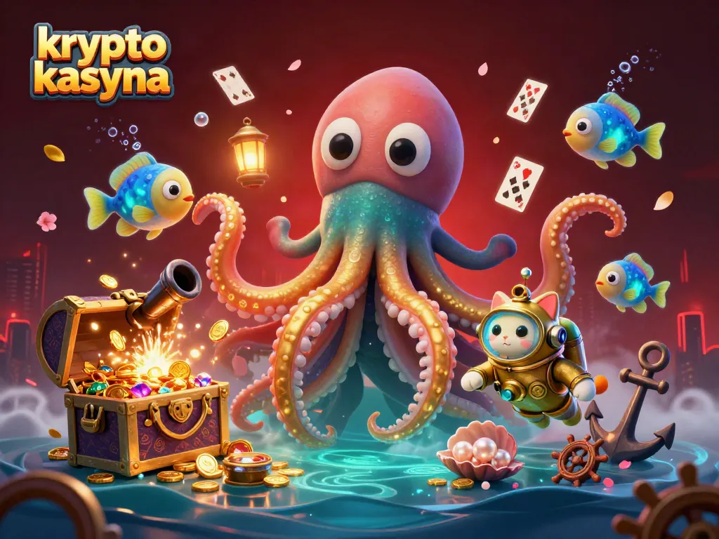 Krypto kasyna scene with kraken and diving cat amidst casino-themed underwater treasures and glowing elements