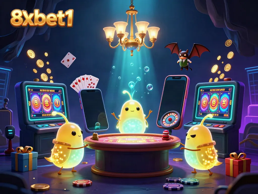 Engage with 8xbet1's vibrant casino scene lit by glowworms and featuring dynamic gaming elements.