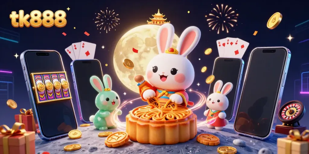 Experience thrilling gameplay at tk888 with a vibrant 3D scene featuring a moon rabbit theme and exciting casino elements.